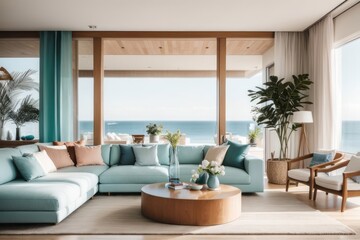 Interior home design of modern living room with coastal room sofa and table in beach house