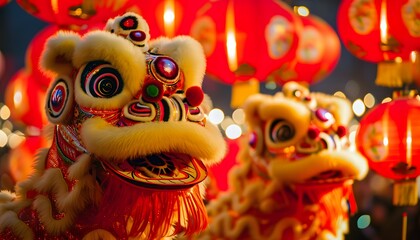 Traditional Lion Dance With A Street Of Lantern Displays