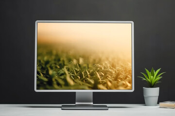 A mock-up of a white monitor and a cup on a white table. Pastel green background