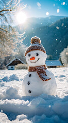 a cute little snowman in a sunny bright winter day