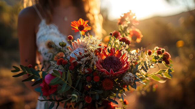 Exotic Elegance, Protea Blossoms Enhancing the Bohemian Bridal Bouquet. Generative AI