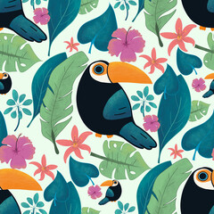 Jungle Seamless Pattern with Toucan, Tropical Flowers and Leaves on a Light Green Background