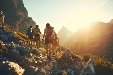 Friends on hiking route traveling together fun activity mountains nature sports healthy lifestyle summer travel carrying backpack friendship group walk weekend leisure holiday carefree hikers tourists - obrazy, fototapety, plakaty
