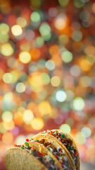 Festive Tacos with Vibrant Toppings on a Bokeh Light Background, Vertical Poster or Sign with Open Empty Copy Space for Text 