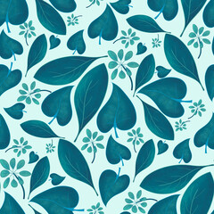 Seamless Pattern with Jungle Leaves in Blue and Green