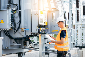 Adult electrical engineer inspect the electrical systems at the equipment control cabinet....