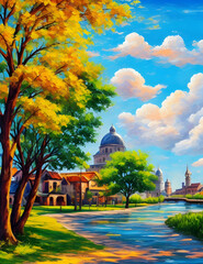 Old City oil painting art with colorful trees blue sky and sun for home decoration.