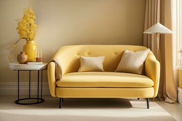 modern living room interior with yellow armchair, coffee table and plant. modern living room interior with sofa