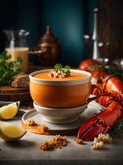 Lobster Bisque, classic creamy and smooth, seasoned soup from lobster and aromatics, cinematic food photo