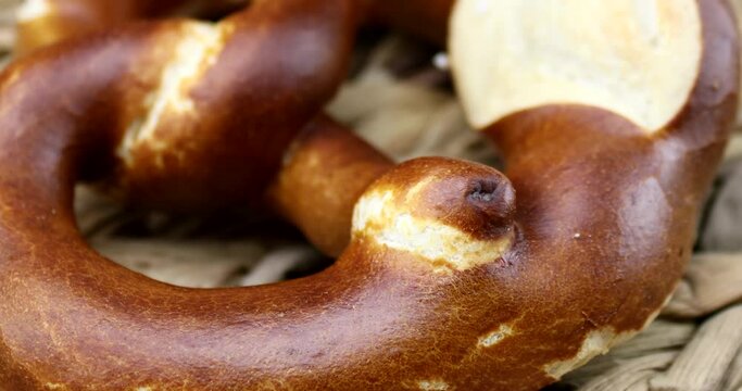 Macro  video of a delicious and crispy pretzel on a rotating plate