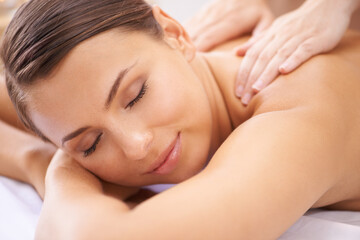 Woman, face and massage at spa, shoulders and hands on masseur for aromatherapy and healing with...