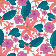 Seamless Floral Pattern with Pink Orchids and Blue, Green Tropical Leaves