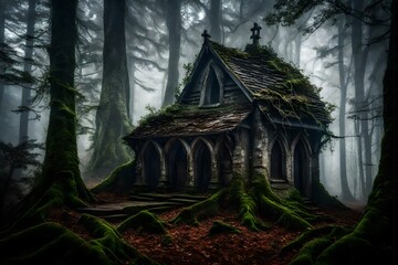 A solitary, crumbling chapel in the heart of a misty, ancient forest, where the spirits of the woods find solace in isolation.