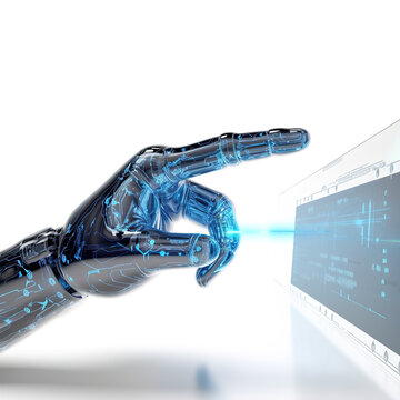A robotic hand pointing index flinger on a touch pad. cyber security concept, 