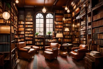 Photo sur Plexiglas Brun A quaint vintage bookstore with shelves lined with leather-bound books, antique globes, and a reading corner filled with comfortable armchairs and soft lighting.