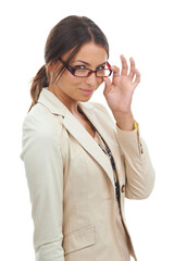 Glasses, portrait and business woman on a white background for vision, eyesight and ambition. Professional, corporate and worker with spectacles or frames for career, job and opportunity in studio