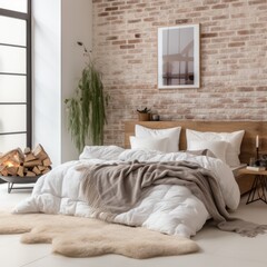 Cozy Modern bedroom with Stylish Decor and Bed With brickwall , wall Art , Poster , Interior Design , close up , illustration  , bedroom 