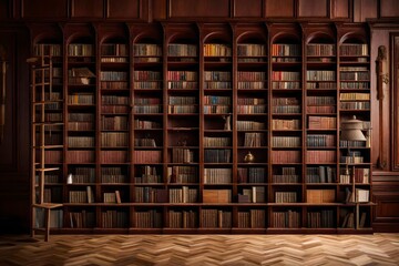 A wooden bookshelf filled with books, positioned against a deep mahogany wall.