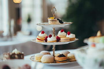 A delectable buffet spread featuring elegant cakes, pastries, and sweets for a celebratory event.