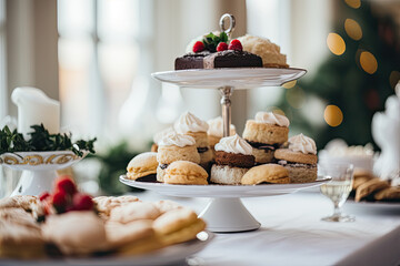 An elegant catering display with a variety of delicious desserts and snacks, including cakes and pastries. - obrazy, fototapety, plakaty