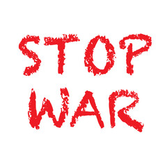 Hand-drawn in vector and isolated on a white background, the Ukrainian flag with a red inscription imitating real paint with a call to stop the war. The armed conflict in Ukraine must be stopped!