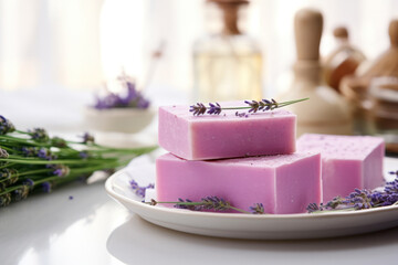 Obraz na płótnie Canvas Aromatic lavender spa soap bars with herbal extracts on a wooden table in a spa setting.