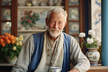 A happy senior man, retired and content, sits in a rustic setting surrounded by flowers and ceramics.