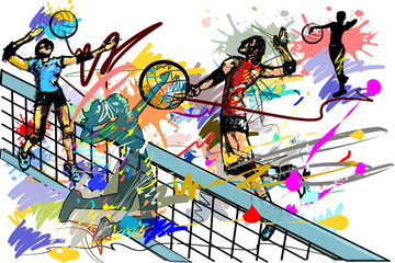 Balls volleyball action sport art and brush strokes style