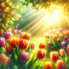 Sunlit Tulip Field Full Bloom - Springtime Floral Splendor, copy space