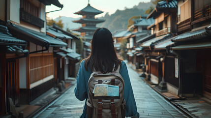Asian female tourist walking on the road into Kyoto city, Japanese pagoda, Japanese style house, backpack, map in hand, long black hair bang, high angle view from behind. - obrazy, fototapety, plakaty