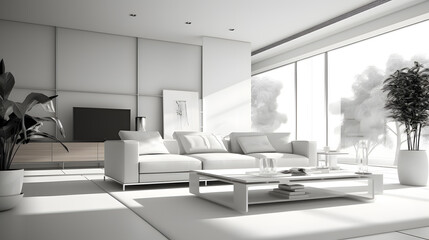 Modern home interior. Modern minimalist living room ideas. Ambient Occlusion is the simulation of shadows between objects in the scene., white and black.