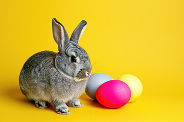 Fototapeta na wymiar Easter Bunny with Colorful Eggs on Yellow Background Copy Space