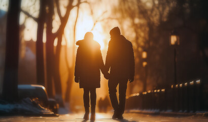 couple walking together while holding hands in a winter environment