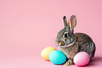 Fototapeta na wymiar Adorable Rabbit with Pastel Easter Eggs on Pink Background Copy Space