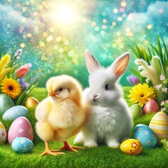 Fototapeta premium Springtime Buddies Chick and Bunny's Easter Adventure AI art