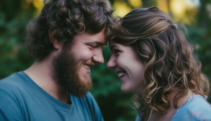 Fototapeta premium portrait of cute young couple in love and happily staring at each other