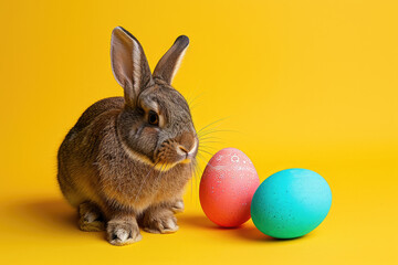 Fototapeta na wymiar Curious Rabbit with Decorated Easter Eggs on Vivid Yellow Background Copy Space