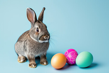 Fototapeta na wymiar Inquisitive Bunny with Colorful Easter Eggs on Soft Blue Background Copy Space