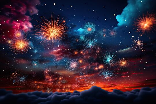 colorful fireworks in the night sky in a city