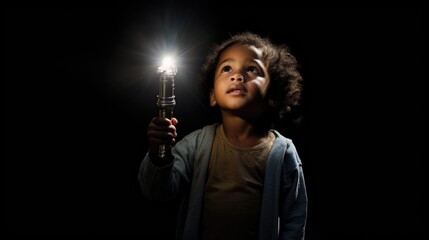 Close-up portrait of a little boy holding a flashlight in total darkness	