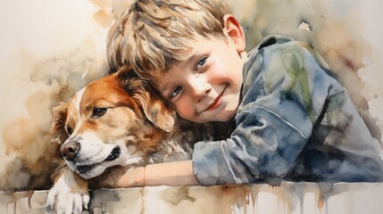 Watercolor drawing of a child cuddling with a dog. Concept of childhood and caring for animals. - obrazy, fototapety, plakaty