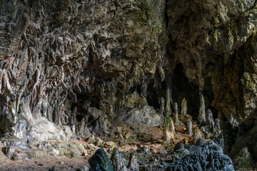 Cave with stalactites and stalagmites. A cave in the mountain in Turkey close to Marmaris. Beautiful undeground view.
