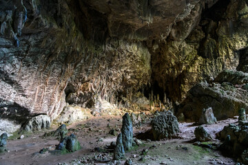 Cave with stalactites and stalagmites. A cave in the mountain in Turkey close to Marmaris....