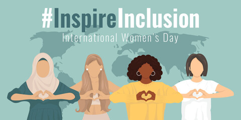 #InspireInclusion 2024 campaign. Diverse race group of women hand gesture as heart shape to stop gender discrimination. The International Women's Day faseless vector banner, poster, flyer.  - obrazy, fototapety, plakaty