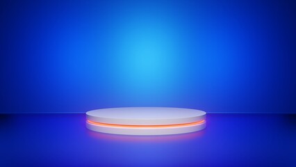 Display stand on blue background. 3d podium in neon colors and gradient.