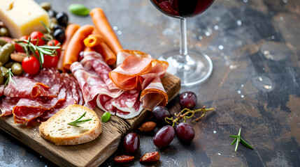 Charcuterie board with a glass of red wine on dark wooden table, copy space. Gourmet selection of meats, cheese, and grapes with glass of red wine. Festive appetizers platter with wine, finger food - obrazy, fototapety, plakaty