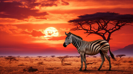 Fototapeta na wymiar African zebra animal at beautiful orange sunset on vast grassland in the wild nature of Tanzania African National Park created with Generative AI Technology