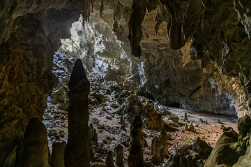 Cave with stalactites and stalagmites. A cave in the mountain in Turkey close to Marmaris. Beautiful undeground view.