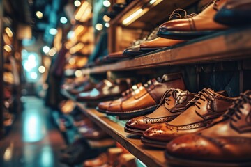 A stylish shoe store with well-organized shelves displaying a fashionable collection of leather shoes. - obrazy, fototapety, plakaty