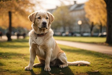 Perro labrador retriever, sentado, en un parque en una ciudad